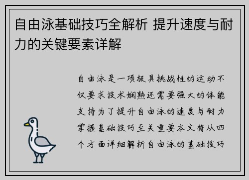 自由泳基础技巧全解析 提升速度与耐力的关键要素详解