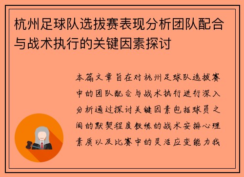 杭州足球队选拔赛表现分析团队配合与战术执行的关键因素探讨